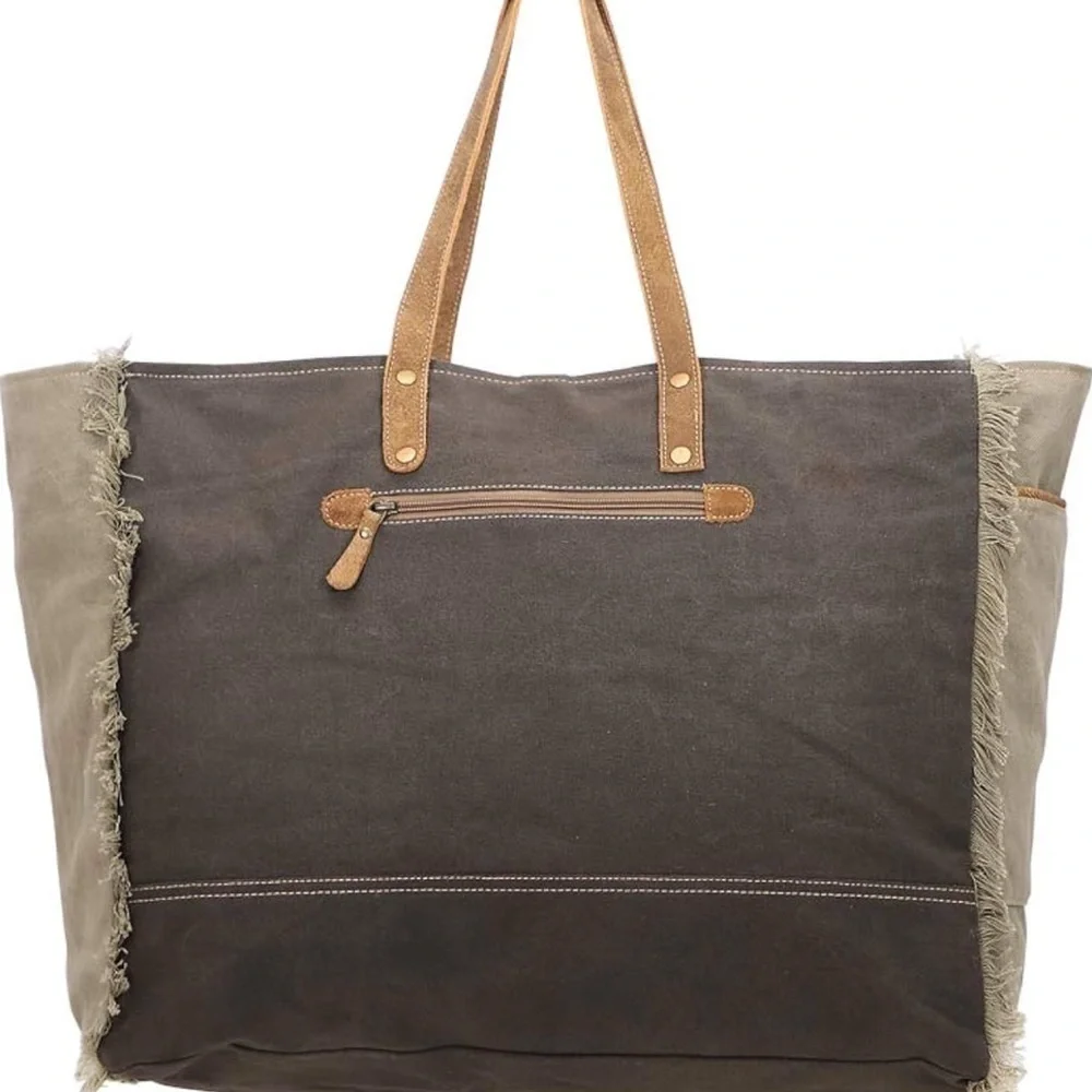 Myra Bag upcycled canvas & cowhide weekender bag